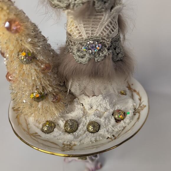 Handmade Christmas Assemblage on China Pieces Bottlebrush Tree Deer Doll - Picture 12 of 13